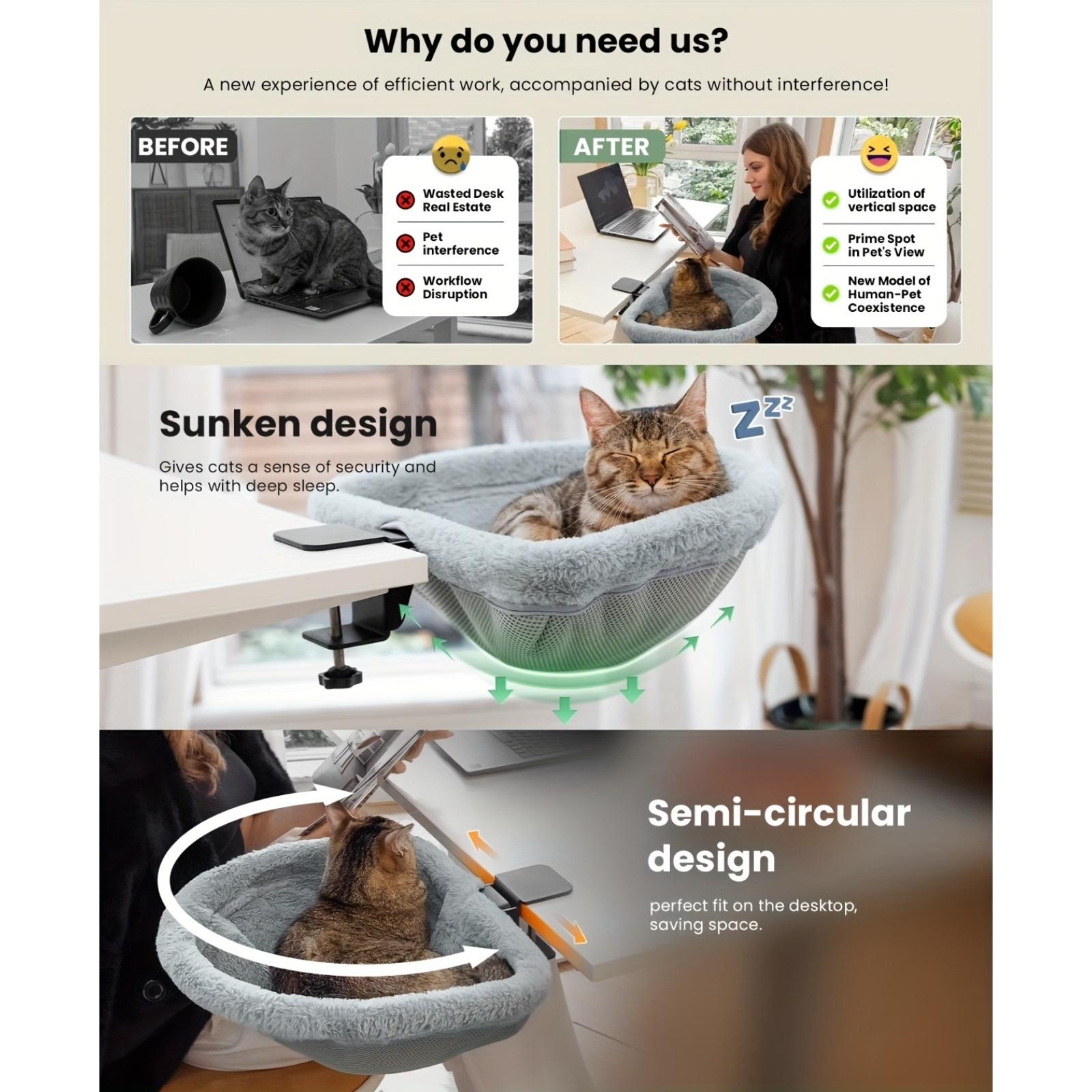 Desktop Cat Bed - One-Key Foldable, Sunken Design, Space-Saving Semi-Circular Cat Nest, Soft Faux Rabbit Fur, for Various Desks - Max Weight Capacity 40 Lbs
