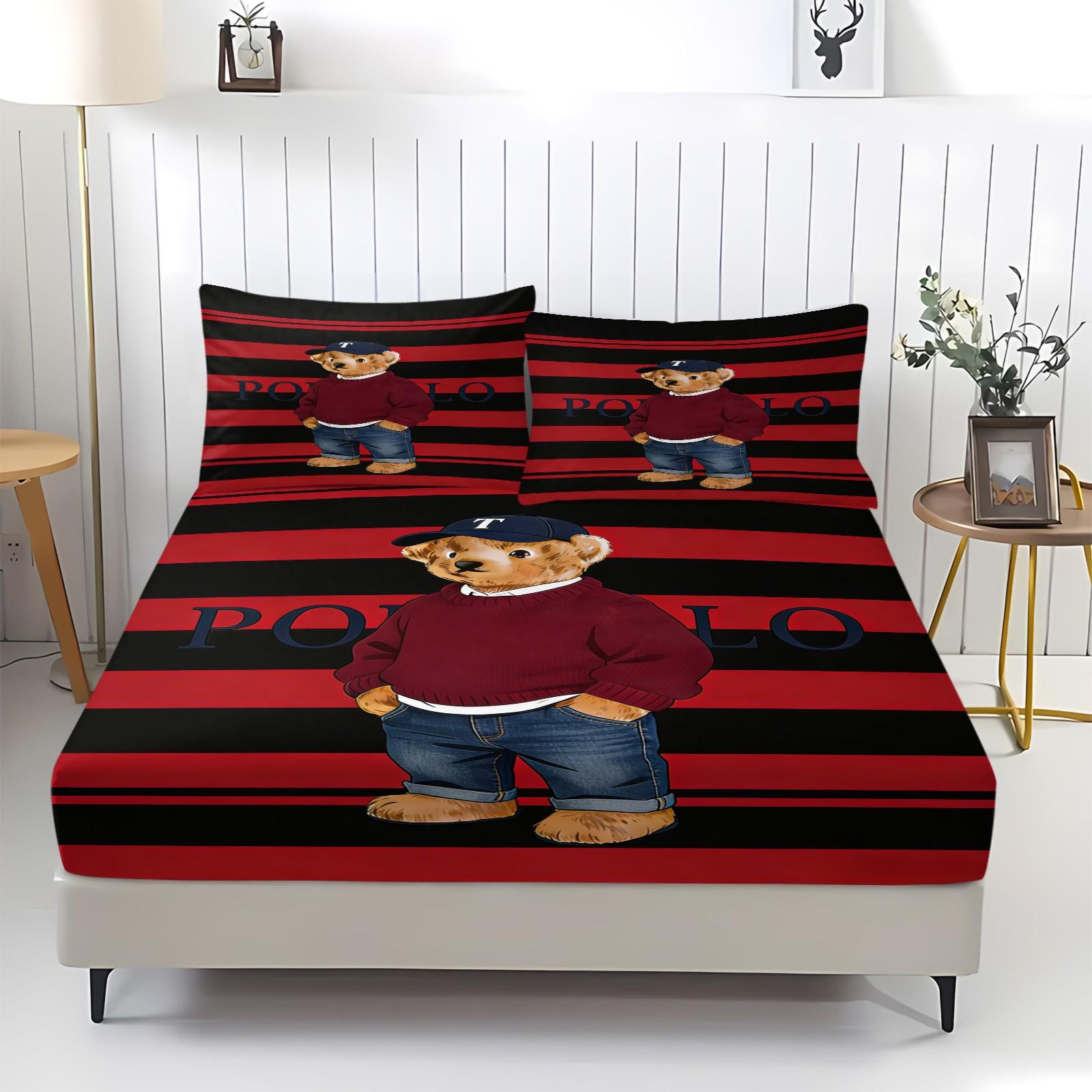 Teddy Bear Pattern Bed Sheet, Comfortable Printed Pattern, Includes 1 Bed Sheet and 2 Pillowcases, Comfortable Bedding, Non slip Dust Cover Suitable for Bedroom and Guest Room, Suitable as a Gift for Children or Adults