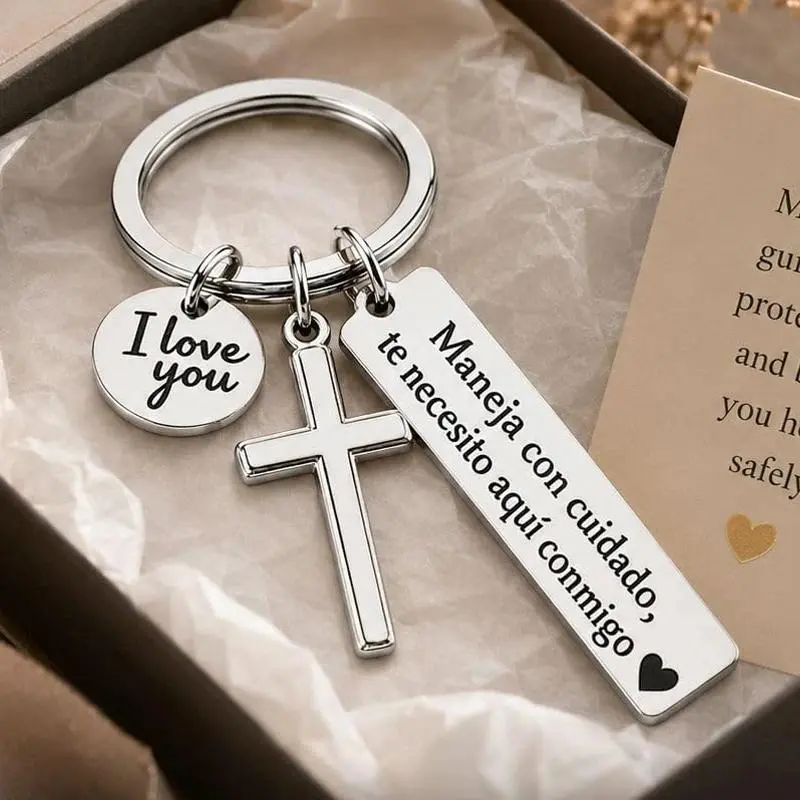 Silver Cross Keychain Safe Drive Careful Car Key Bag Charm Jewelry Gifts for Father Husband Friends