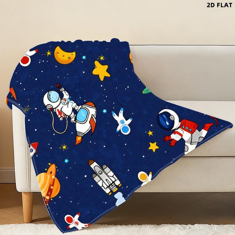 Space - themed Printed Throw Blanket, Single - sided Printed, Multiple Specifications Available, Soft Comfortable for Nap/Indoor Use, Whimsical Astronaut Rocket UFO Design, Ideal for Relaxing & Decorating