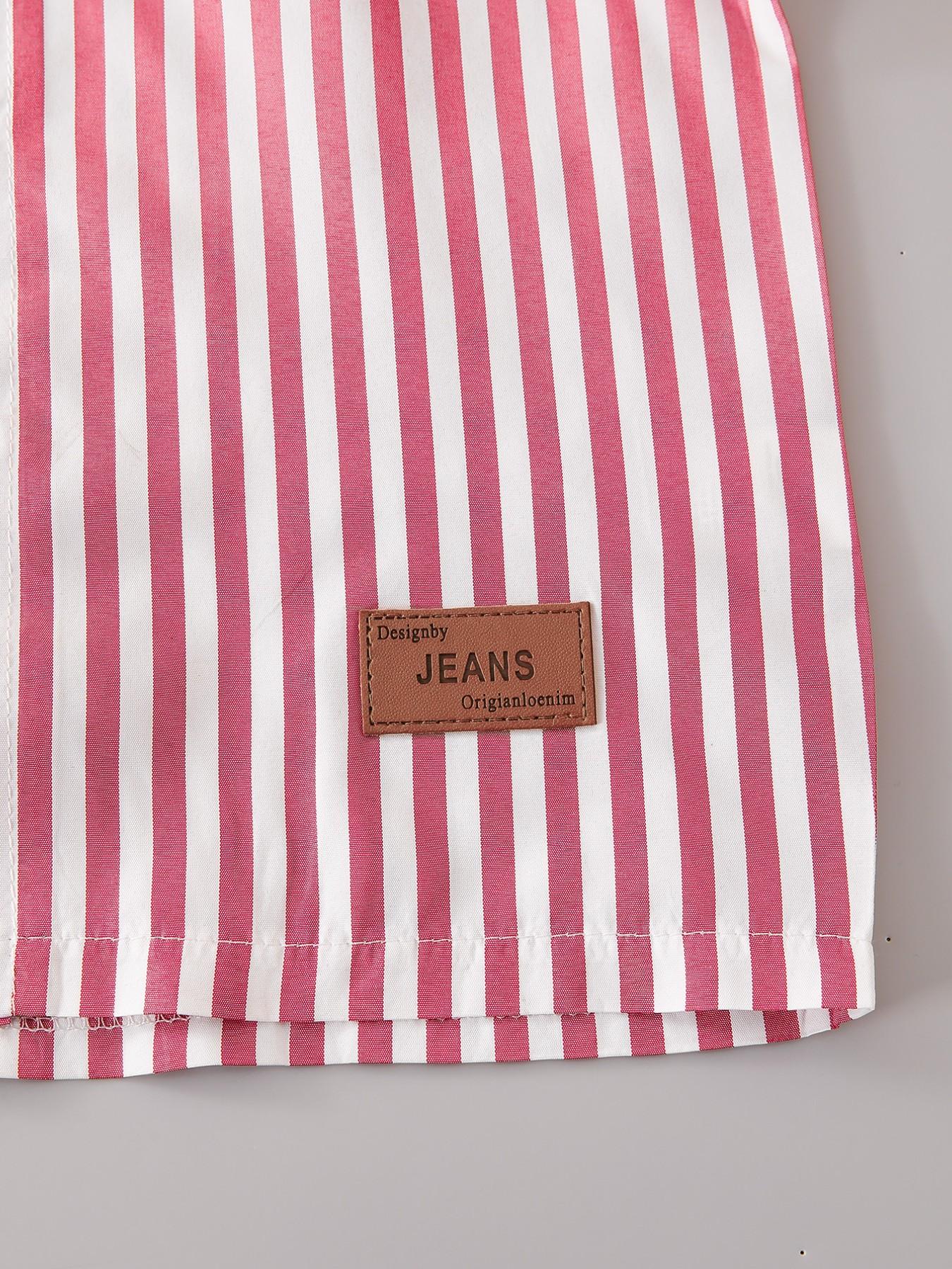 Boys' Summer New Set, Casual Stand Collar Button Shirt Short Sleeve with Lightweight Breathable Shorts, Striped Letter Patch