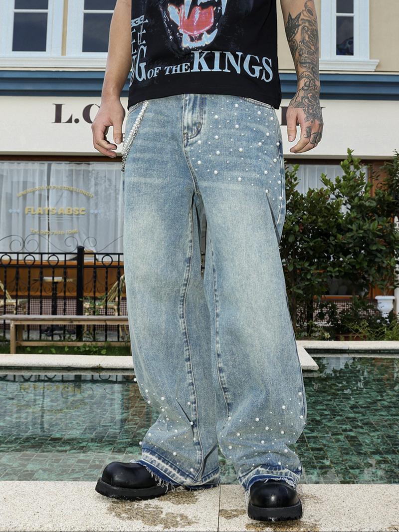 Four-Season Washed Light Blue Handmade Beaded Loose Straight Leg Jeans, Y2K Casual Streetwear, Perfect Gift for Husband or Boyfriend