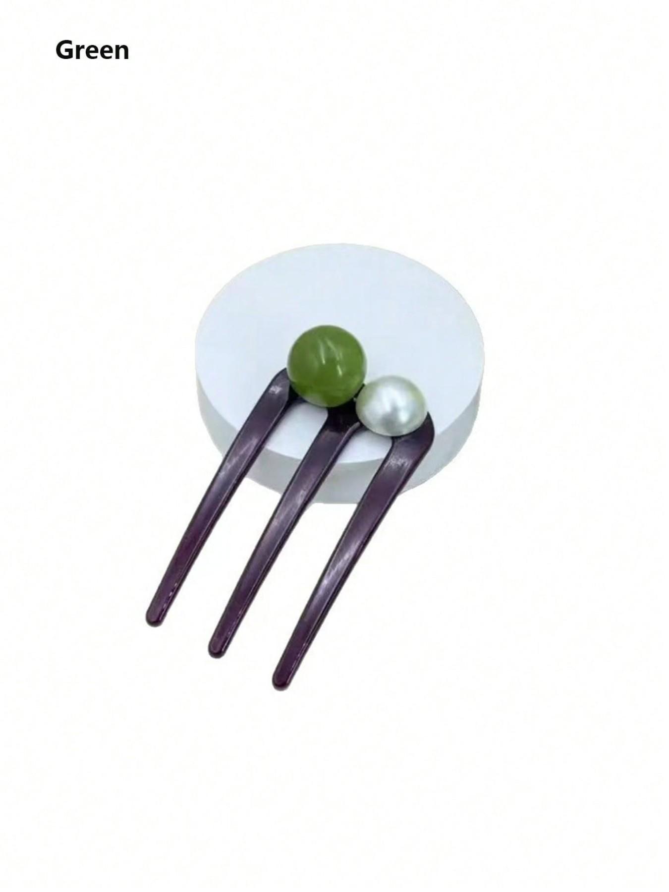 Elegant Three-Tooth Bead U-Shaped Hairpin，Bun Updo Hairpin， Vintage Hair Clips - Black & White with Green Synthetic Gemstonestone Accents, Versatile for Casual & Formal Occasions, All-Season girls Hair Accessories, Hair Accessories, Classic Hairpins,