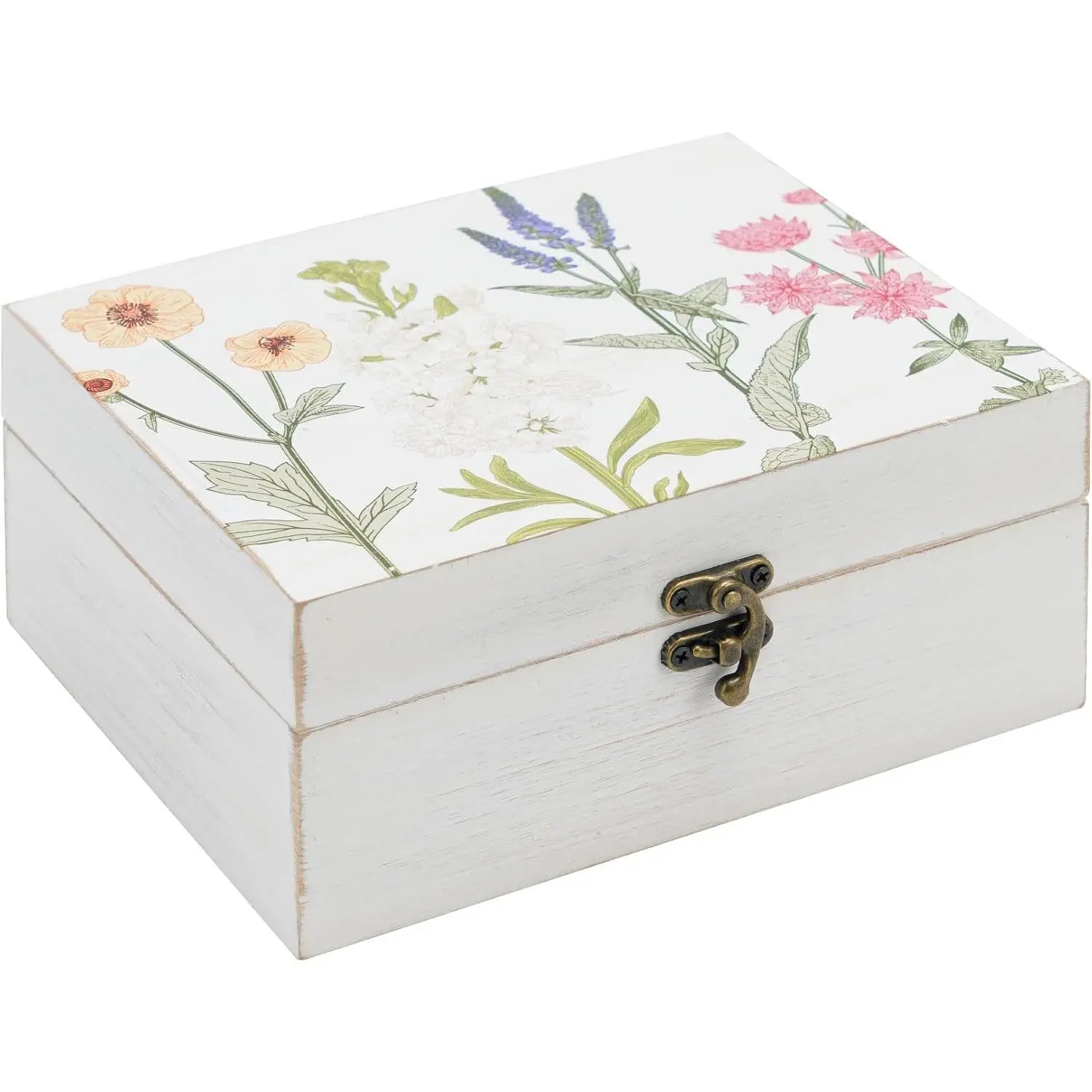 Small Decorative Box with Hinged Lid Wooden Handmade Keepsake Storage Box Floral Printed Jewelry Box Rustic Trinket Box - 7.9 x 6.5 x 3.4 Inches