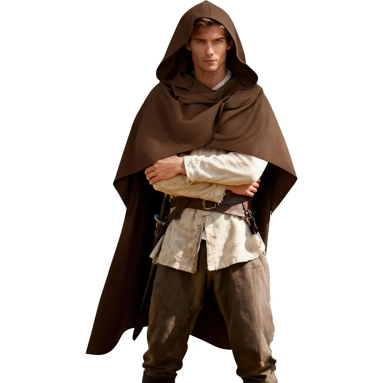 Medieval Hooded Cowl Scarf Cape Faux Linen Shawl with Buttons