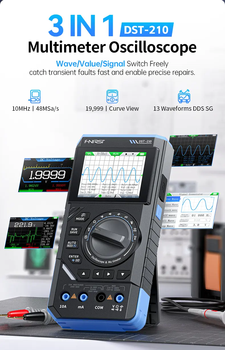 FNIRSI DST-210 Series 3-in-1 Portable Electrical Measuring Tool - Digital Smart Multimeter, 10MHz Scope, Multifunctional Oscilloscope, Signal Source, 2.8-Inch Color TFT Screen, Waveform Export, 400V Max, 19999-Count, 3000mAh, 48MSa/s for Electricians