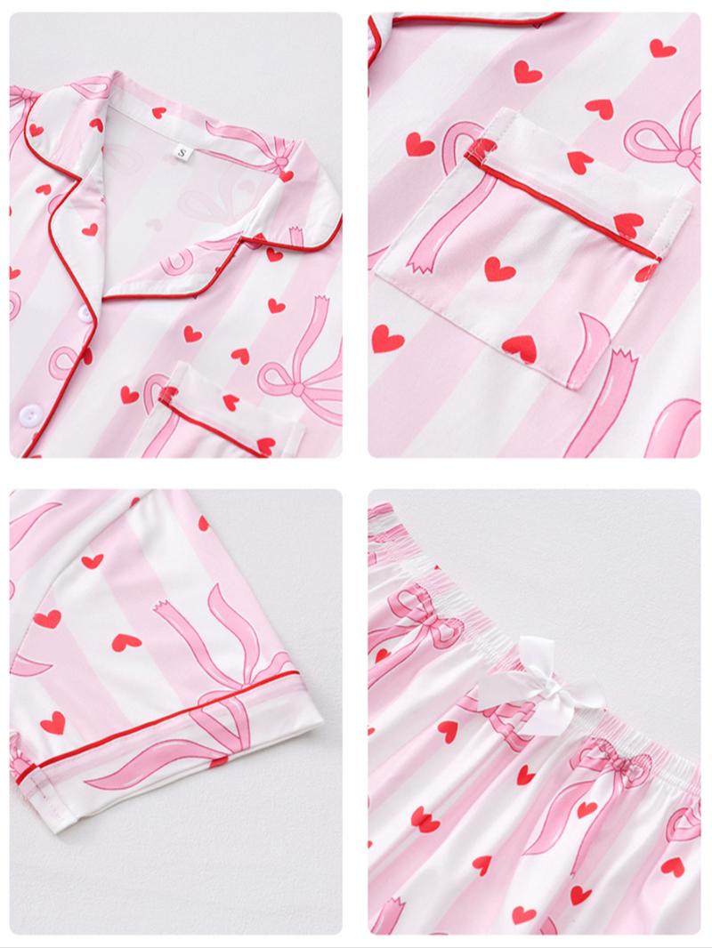 Valentine's Day Bowknot Heart Print Pajama Set, Soft Silk Striped Butterfly Knot Short Sleeve Sleepwear, Women's Comfortable Nightwear
