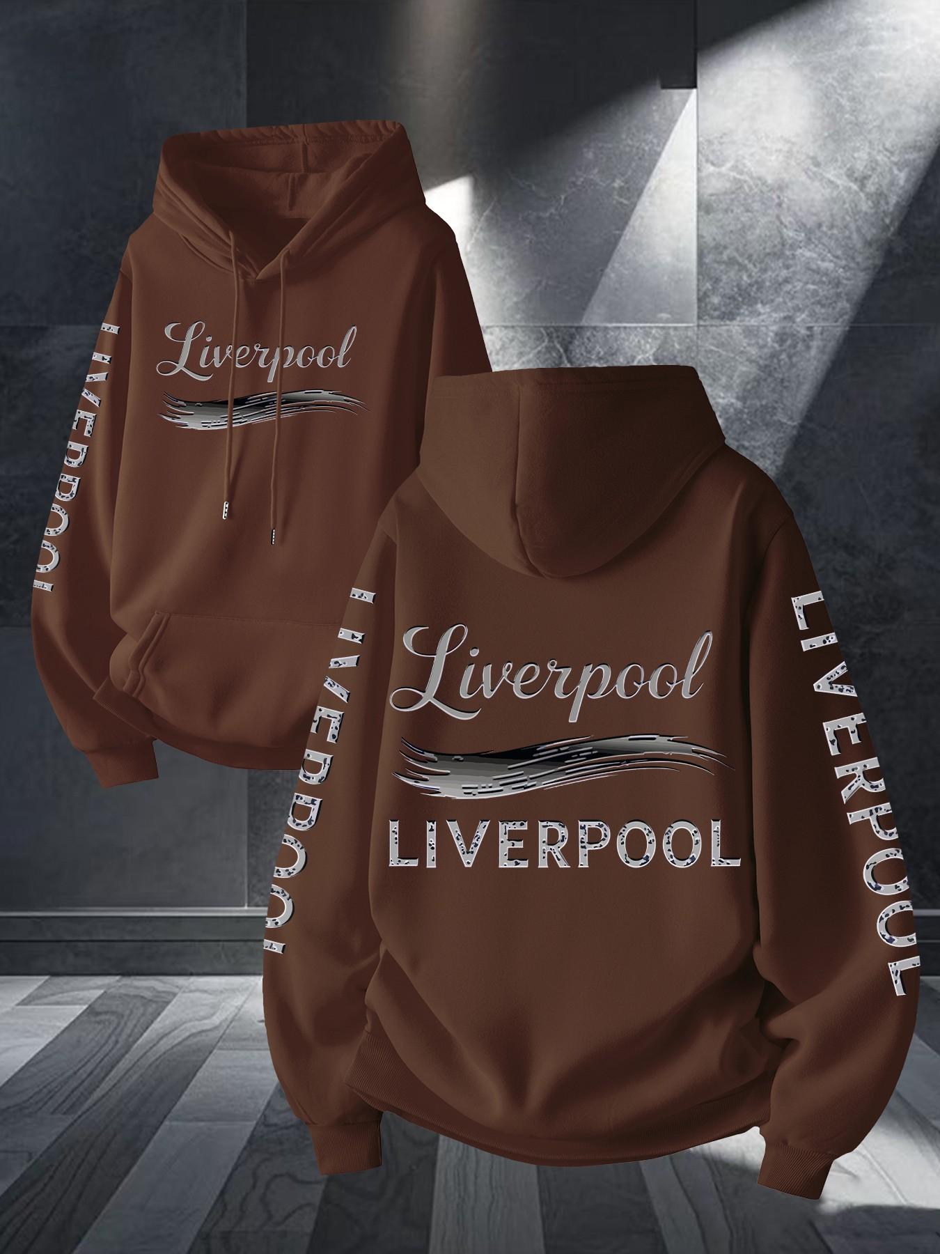 Liverpool Art Brush Print Hoodie, Unisex Long Sleeve Casual Sweatshirt, Geometric Pattern, Kangaroo Pocket, Fall & Winter Streetwear