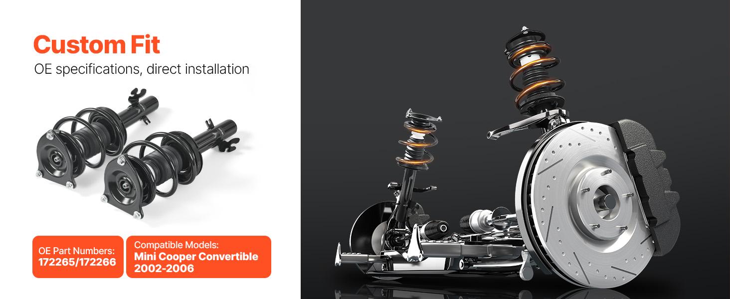 VEVOR Front Shock Absorber Strut Assembly (2Pcs, Steel Body), Front Wheels Coil Springs Strut Kit, OE 172265/172266 Replacement for 2002-2006 Mini Cooper Convertible, Stability Boost Automotive Part