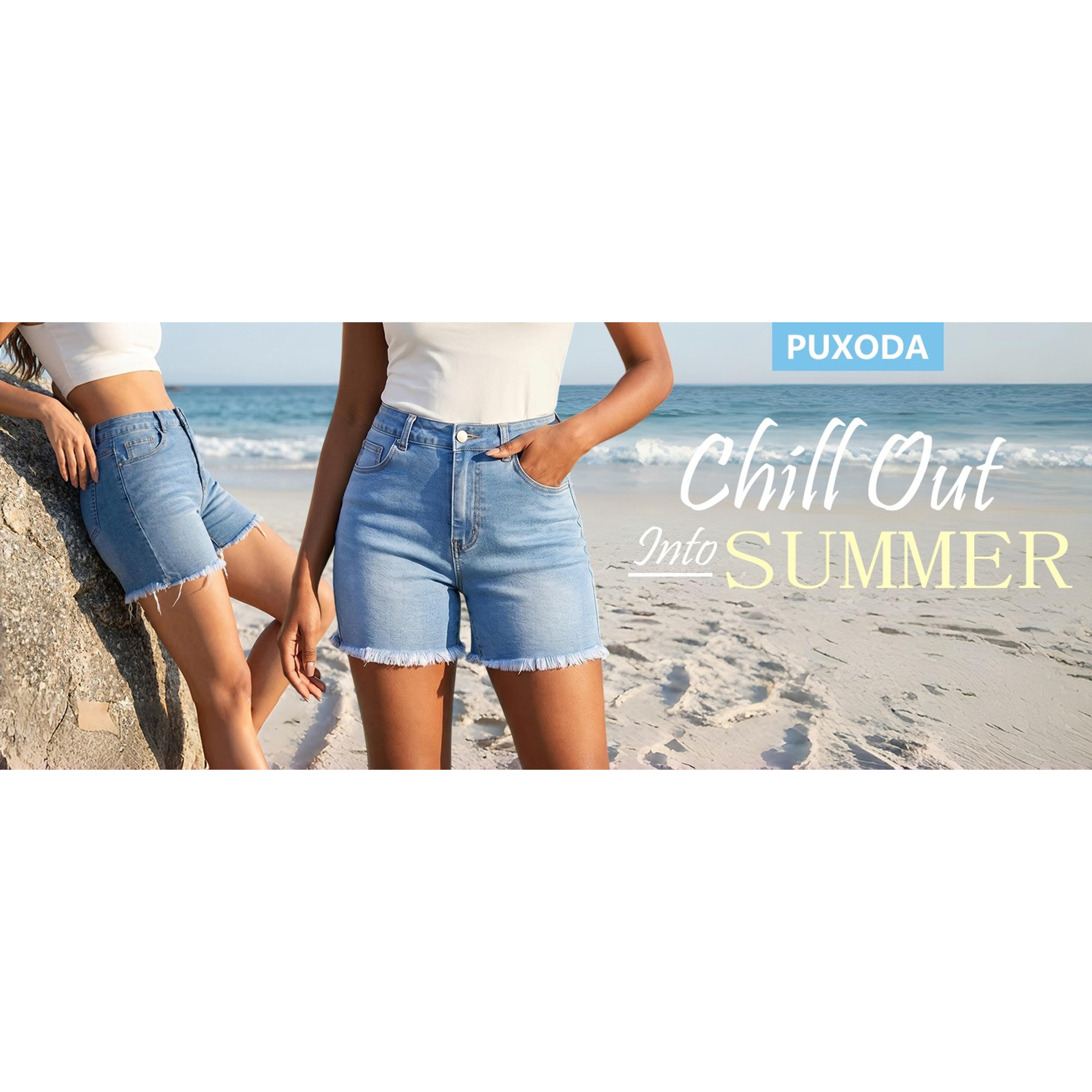 Women's High-Waisted Stretchy Ripped Frayed Hem Denim Jean Shorts, Streetwear Cotton Linen Bottoms with Kimono-Inspired Accents, Fabric, Style