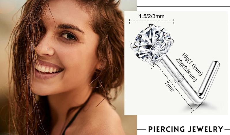Fansilver Nose Studs, 18G 20G L Shaped Nose Rings, Simulated CZ Hypoallergenic Nose Piercings for Women Men 1.5 2 3MM