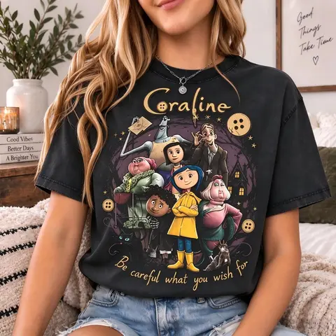 Unisex 100% Cotton Coraline Graphic T-Shirt - Be Careful What You Wish For Statement, Button Eyes Spooky Design, Gothic Halloween Apparel, Vintage Fall Fashion Fabric Everyday Sports Top