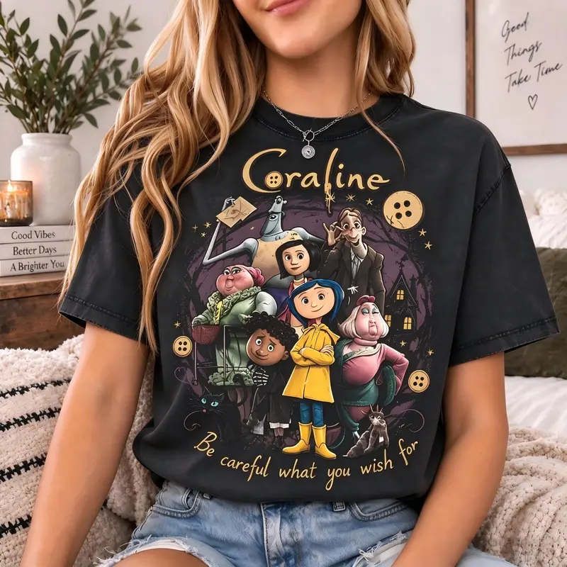 Unisex 100% Cotton Coraline Graphic T-Shirt - Be Careful What You Wish For Statement, Button Eyes Spooky Design, Gothic Halloween Apparel, Vintage Fall Fashion Fabric Everyday Sports Top