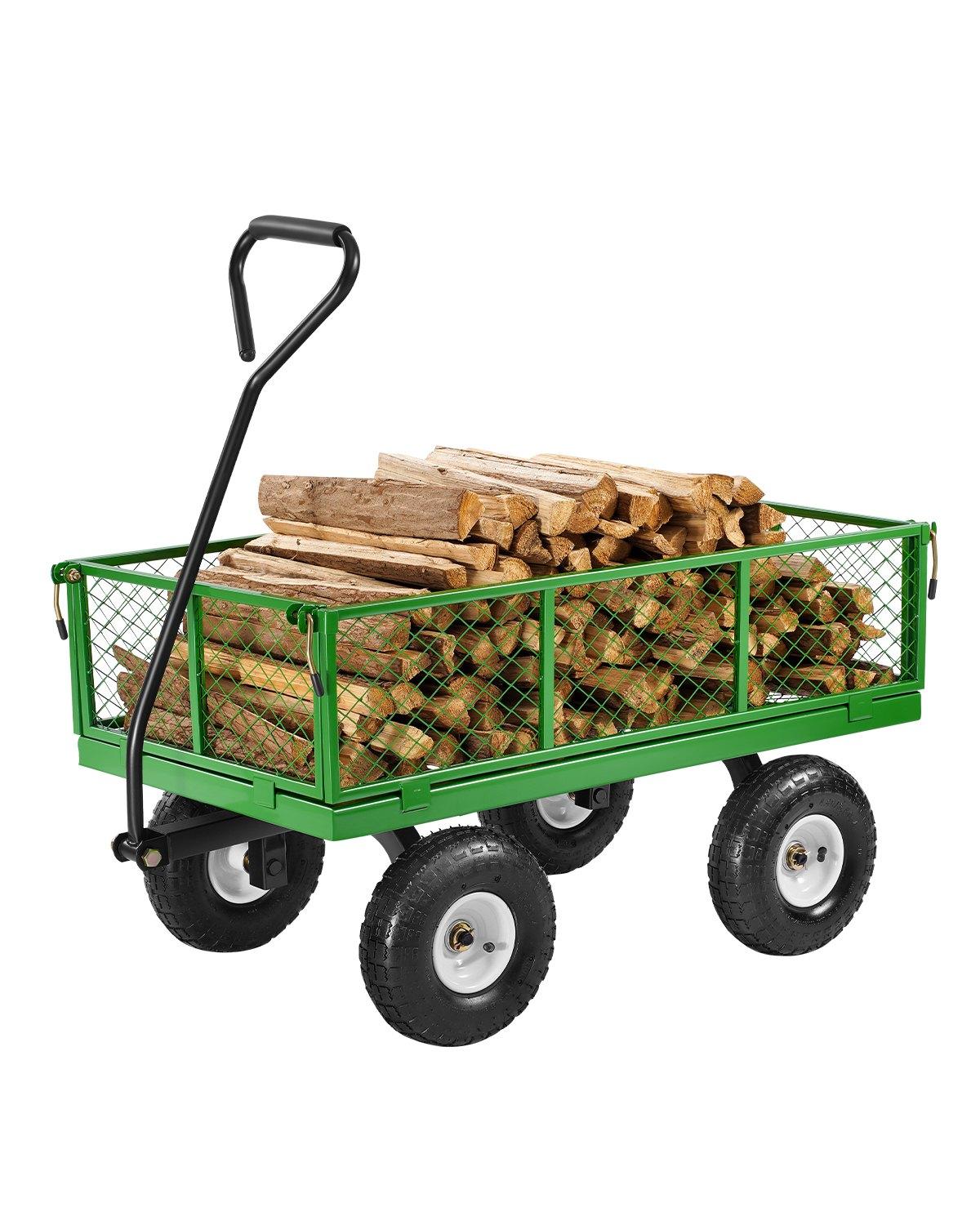 VEVOR 900 Lbs Steel Frame Outdoor Metal Utility Cart, Heavy-Duty Pullable Wagon with 10-Inch Tires, Removable Mesh Sides, Mesh Floor, Convertible Flatbed & 180-Degree Adjustable Handle for Garden Yard Use, 10 Tires, Removable Sides