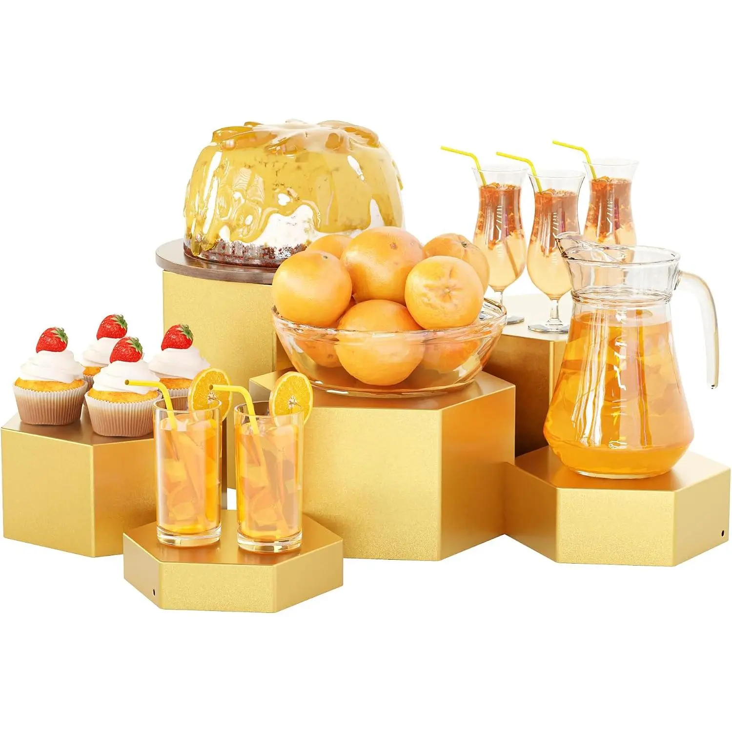 Metal Buffet Risers,6PCS Hexagonal  Display Risers 2.76 in to 4.02 in Market Display Stands Metal  for Catering Dessert Figures Decoration (, 2.76IN to 4.02IN)