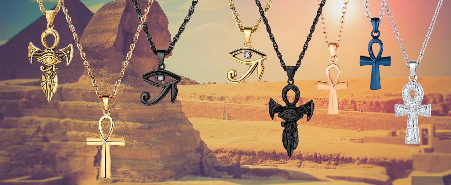 U7 Egyptian Eye of Horus Necklace Ankh Cross Pendant Necklace Eye Protection Amulet Necklace For Men Women