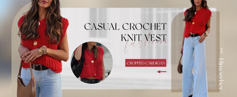 Molitree Womens Casual Chunky Knit Vest Gold Button Down Crop Crochet Sleeveless Sweater Vest