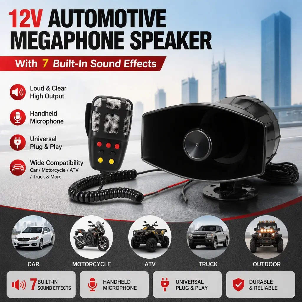 12V Automotive Megaphone Speaker with 7 Built‑In Sound Effects, Handheld Microphone, Universal Plug‑and‑Play for Car, Motorcycle, ATV, Truck & Outdoor Communication