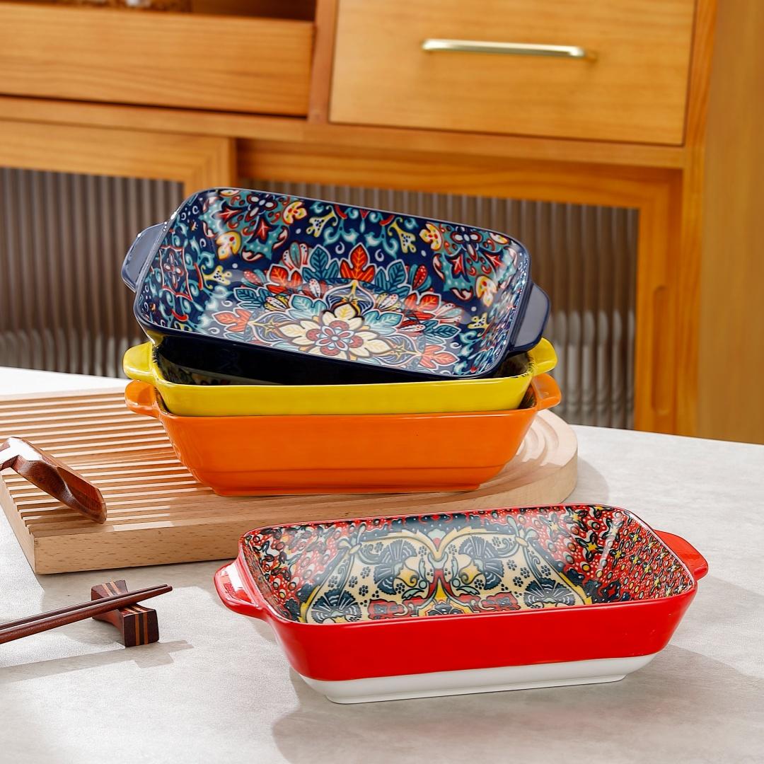 3-Piece Rectangular Serving Plate Set with Dual Handles, Microwave & Oven Safe, Ideal for Home Kitchen Dining Room, Dishwasher Safe Tableware