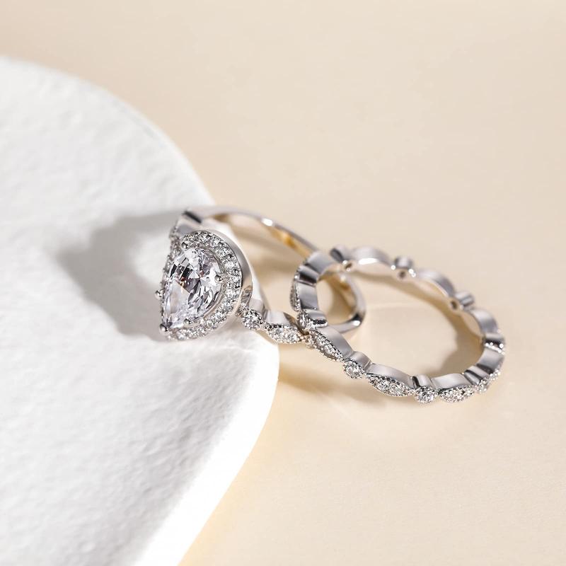 EAMTI 1.25CT 925 Sterling Silver Bridal Ring Sets Teardrop Cut Engagement Rings Vintage Pear Promise Rings Marquise Wedding Bands for Women