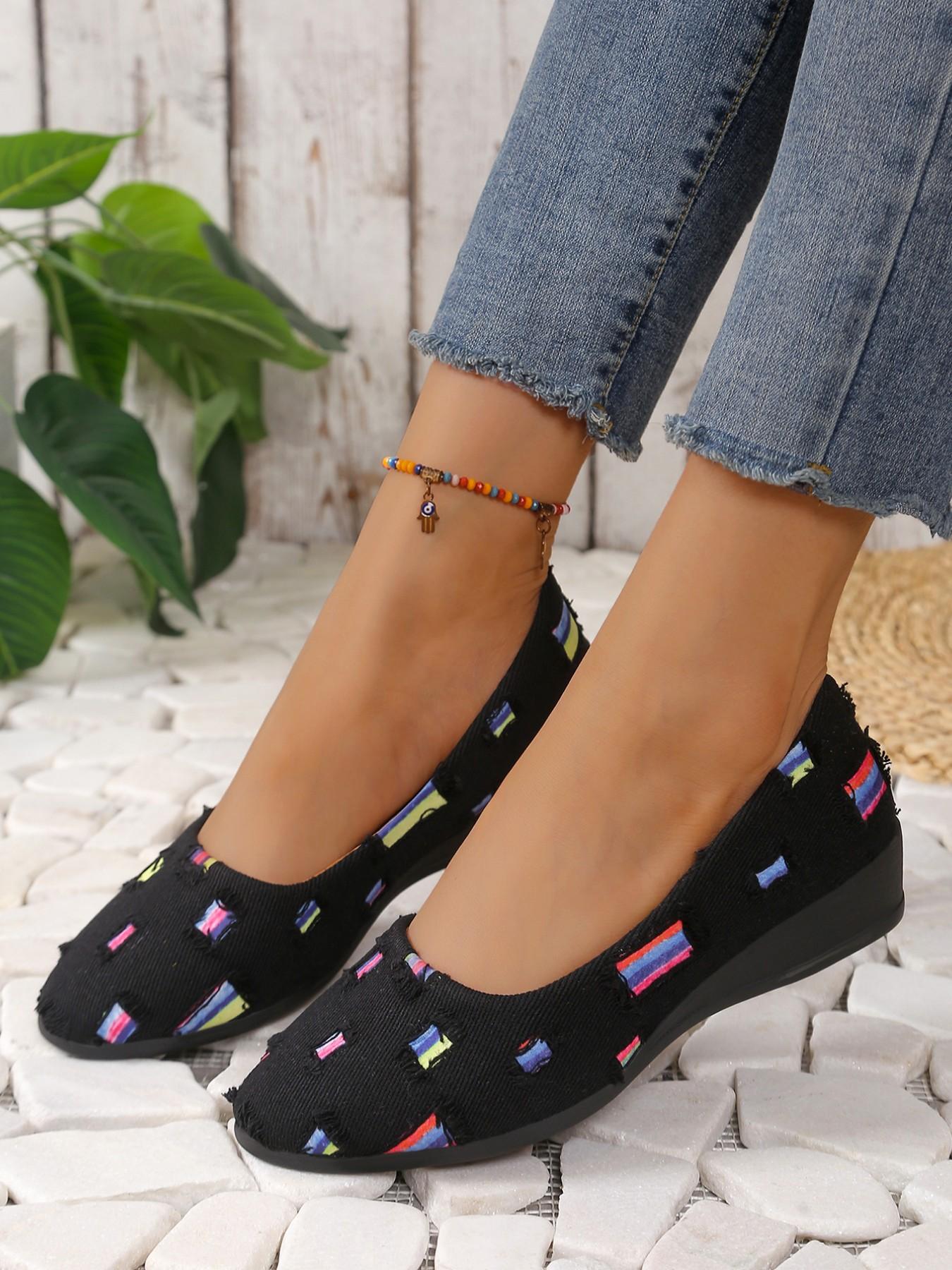 Women's Vintage Ripped Denim Wedge Sandals, Ditsy Floral Textile Upper, Rubber Sole, Casual All-Season Footwear, Breathable & Slip-On