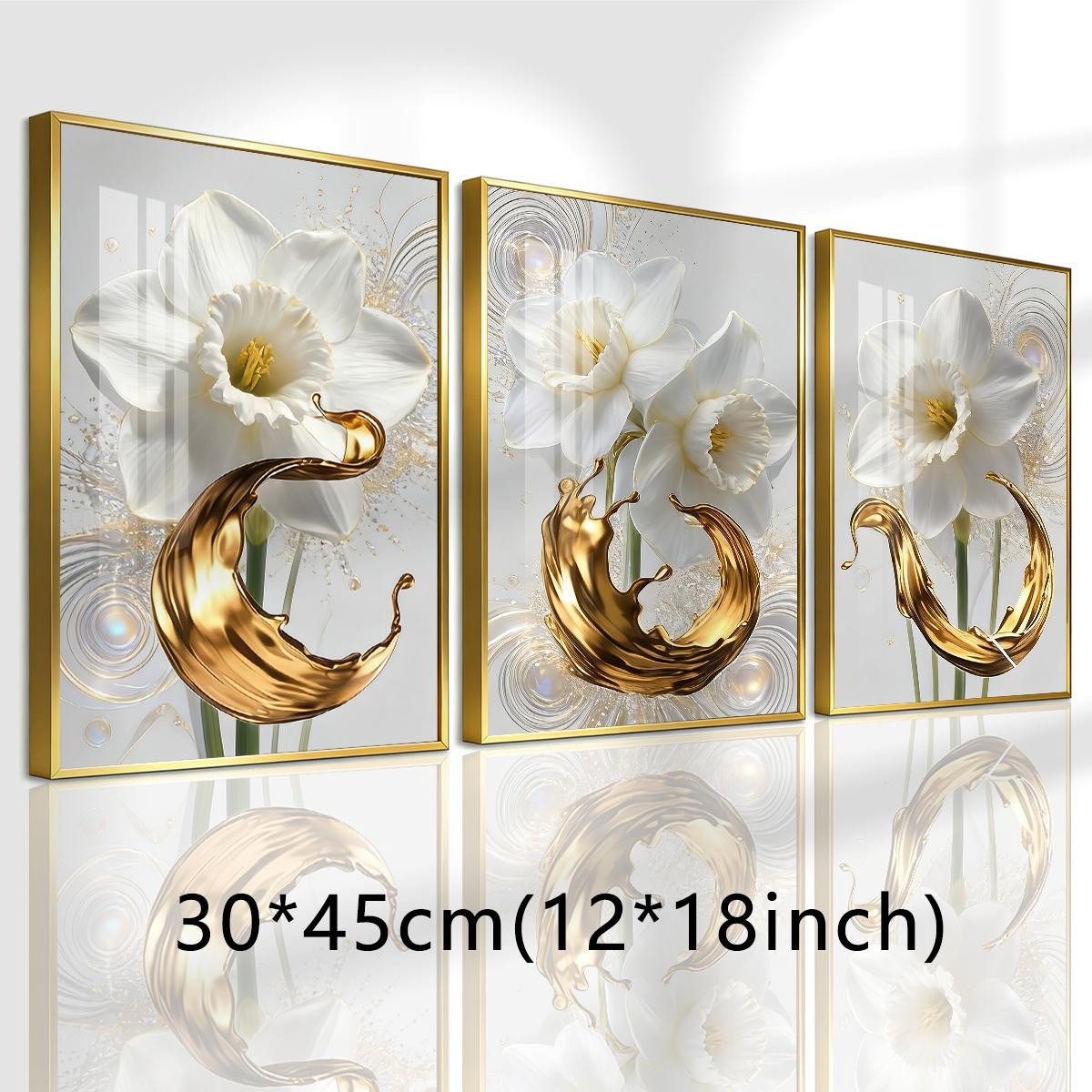 3 Counts Aluminum Alloy Framed Painting, White Daffodil Flowers With Golden Liquid Art Pictures, Home Decoration For Living Room, Bedroom, Office, Restaurant, Hallway Wall Decor, Odorless Print Artwork, Luxury Perfect Gift For Friends And Family