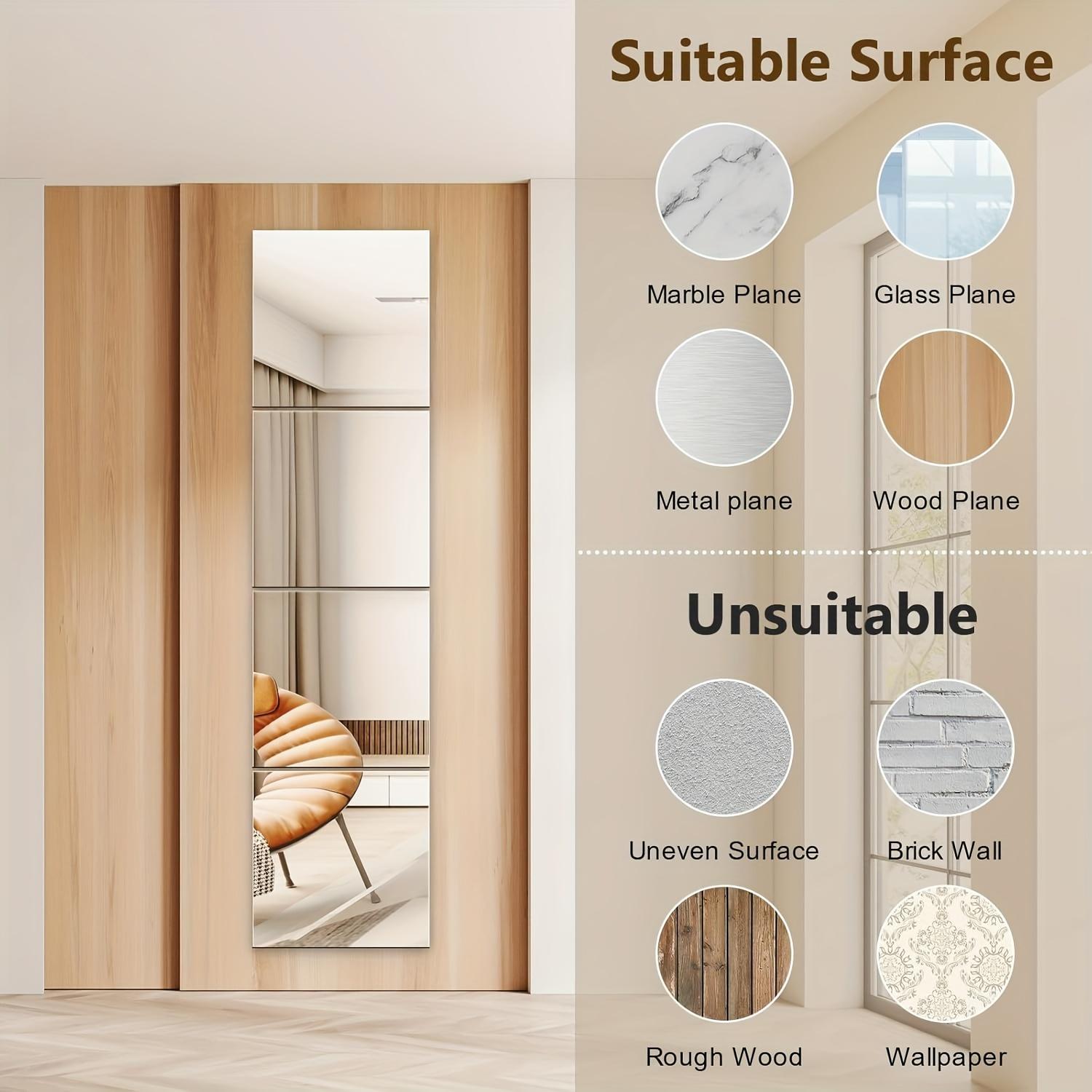 12-Pack 20×20cm Acrylic Mirror Tiles, thick frameless self-adhesive design. Easy to install vertically or horizontally, lightweight and durable. Perfect for living room, bathroom, shower, dressing room and bedroom, modern stylish wall decor.