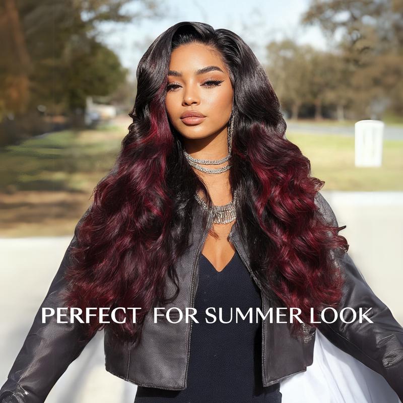 Sunber Loose Wave Burgundy Highlights 7x5 Bye Bye Knots Glueless Wigs with Face Framing Layers Pre Cut Lace Human Hair Wigs Invisible Knots Put on and Go 180% Density Dealsforyoudays