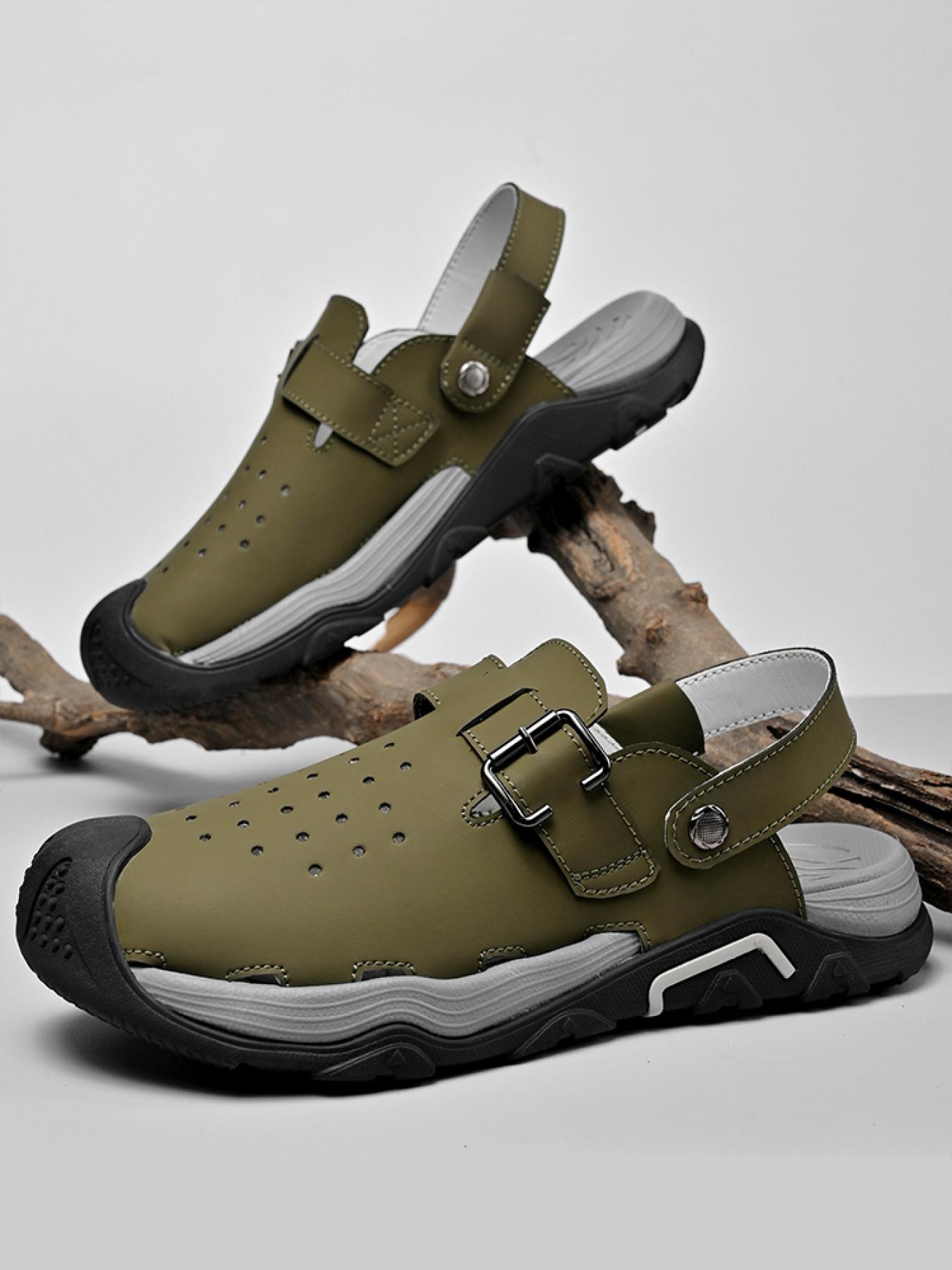 Men's Solid Color Dual-Wear Closed-Toe Perforated Sandals, Adjustable Velcro Non-Slip Beach Shoes, Breathable Outdoor Water-Slippers