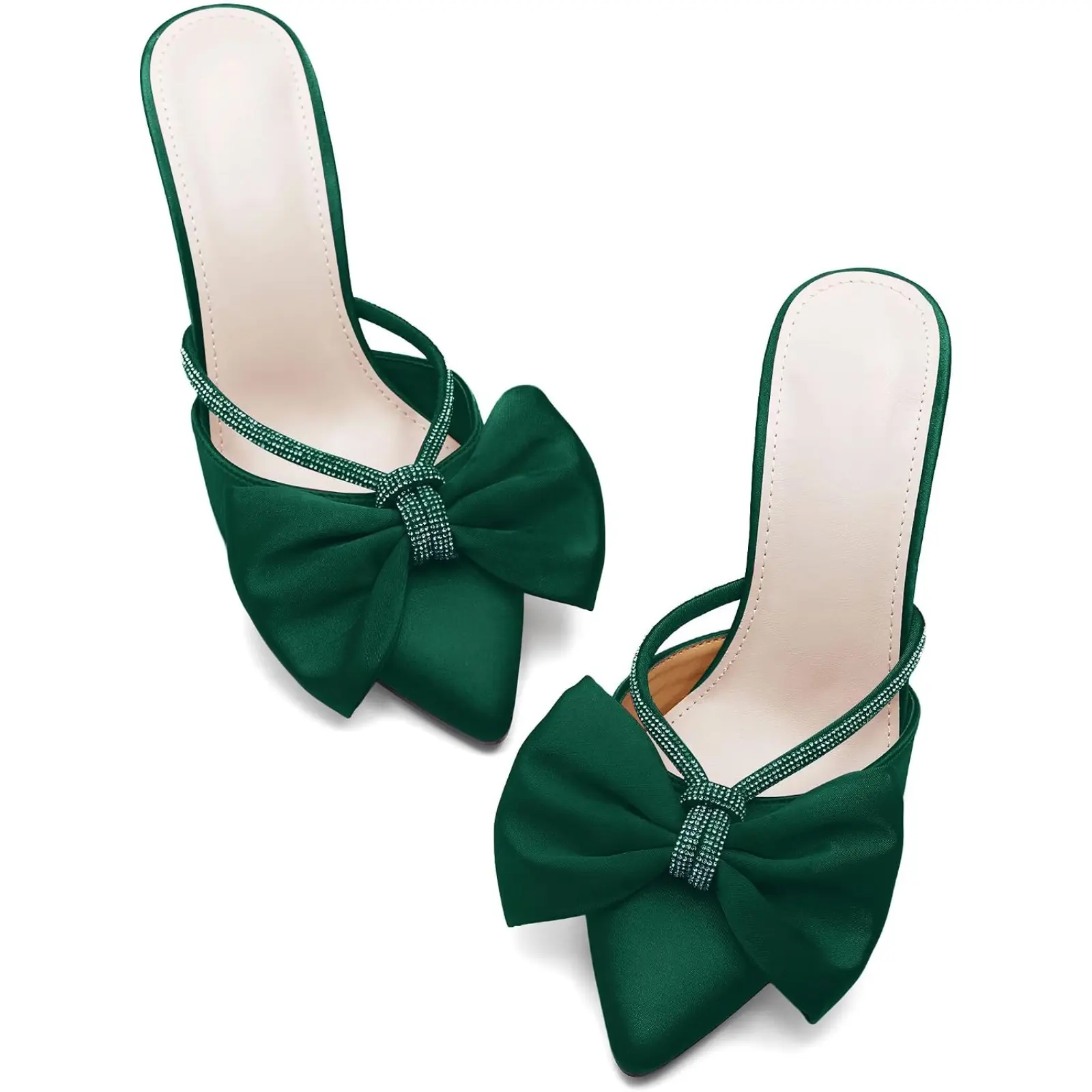 Coutgo Womens Bow Heels Mules Pointed Closed Toe Sandals Rhinestone Satin Backless Wedding Shoes