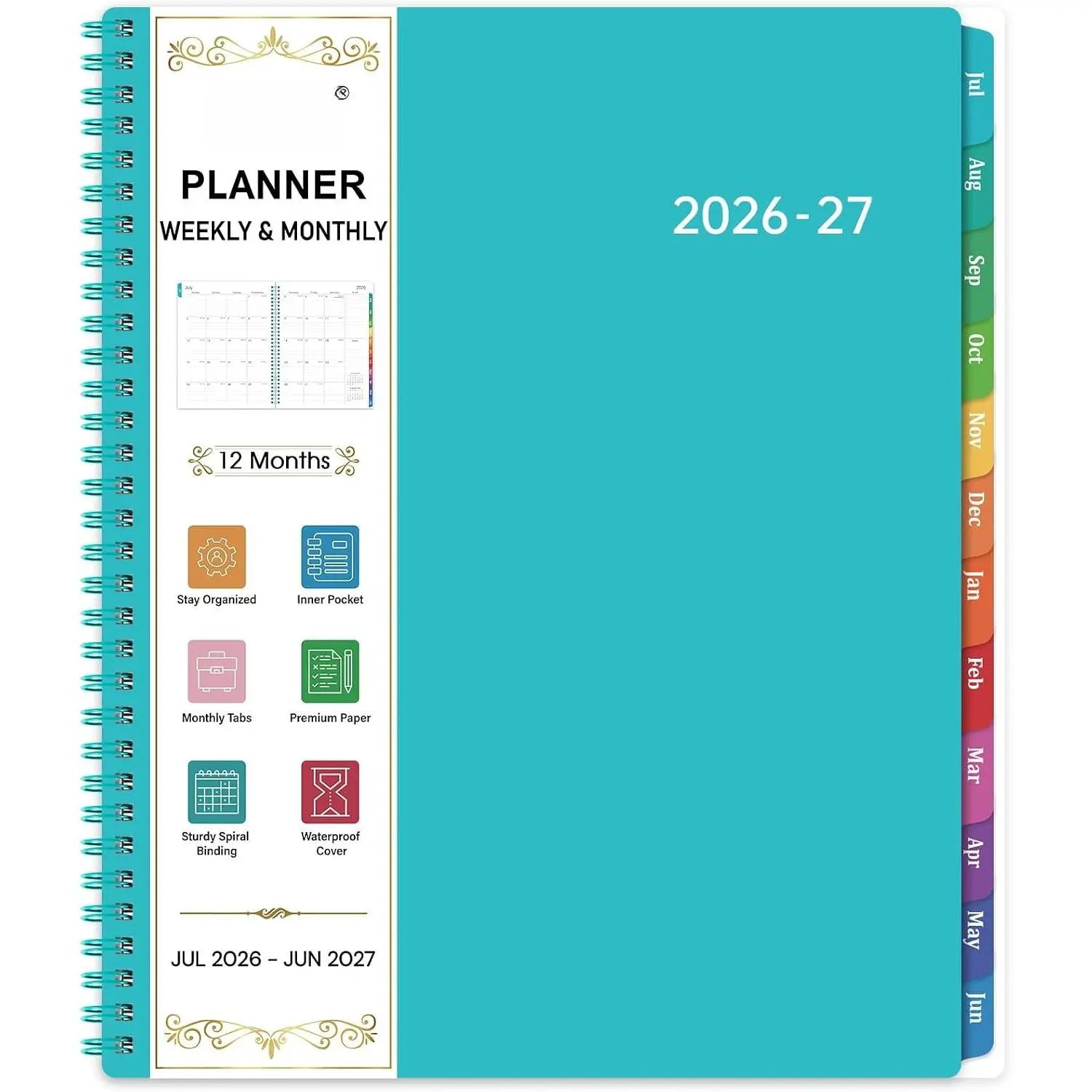 Planner 2026-2027 - Academic Planner 2026-2027, July 2026 - June 2027, 9" x 11" Planner Weekly and Monthly with Tabs, 26-27 Calendar Planner, Monthly Tabs,  Paper, Inner Pocket, Lake Green