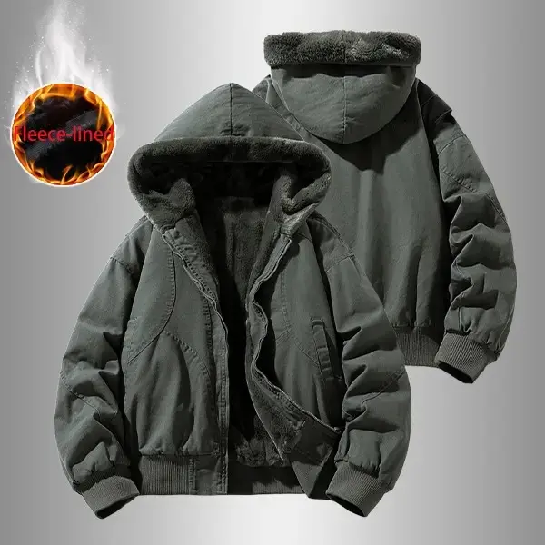 Winter Fleece Lined Hooded Work Jacket Military Style Plush Insulated Coat