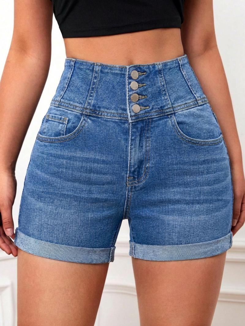 Women's High Waist Denim Shorts, Casual Comfy Button Fly Skinny Shorts for Daily Wear, Ladies Bottoms for All Seasons