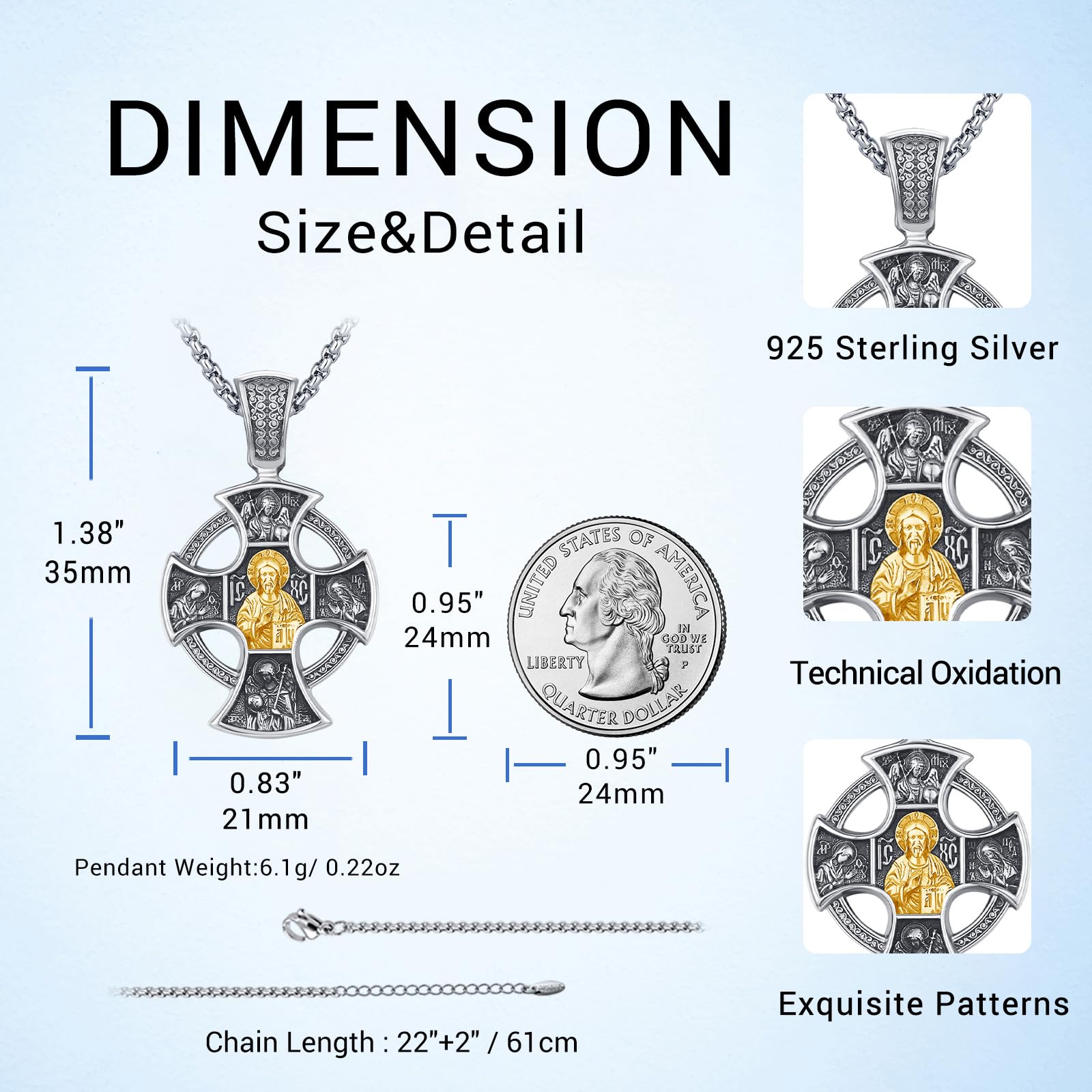 DRINSPER Orthodox Necklace 925 Sterling Silver Jewelry Four Way Cross Necklace Golden Saint Patron Protection Jewelry for Men Women