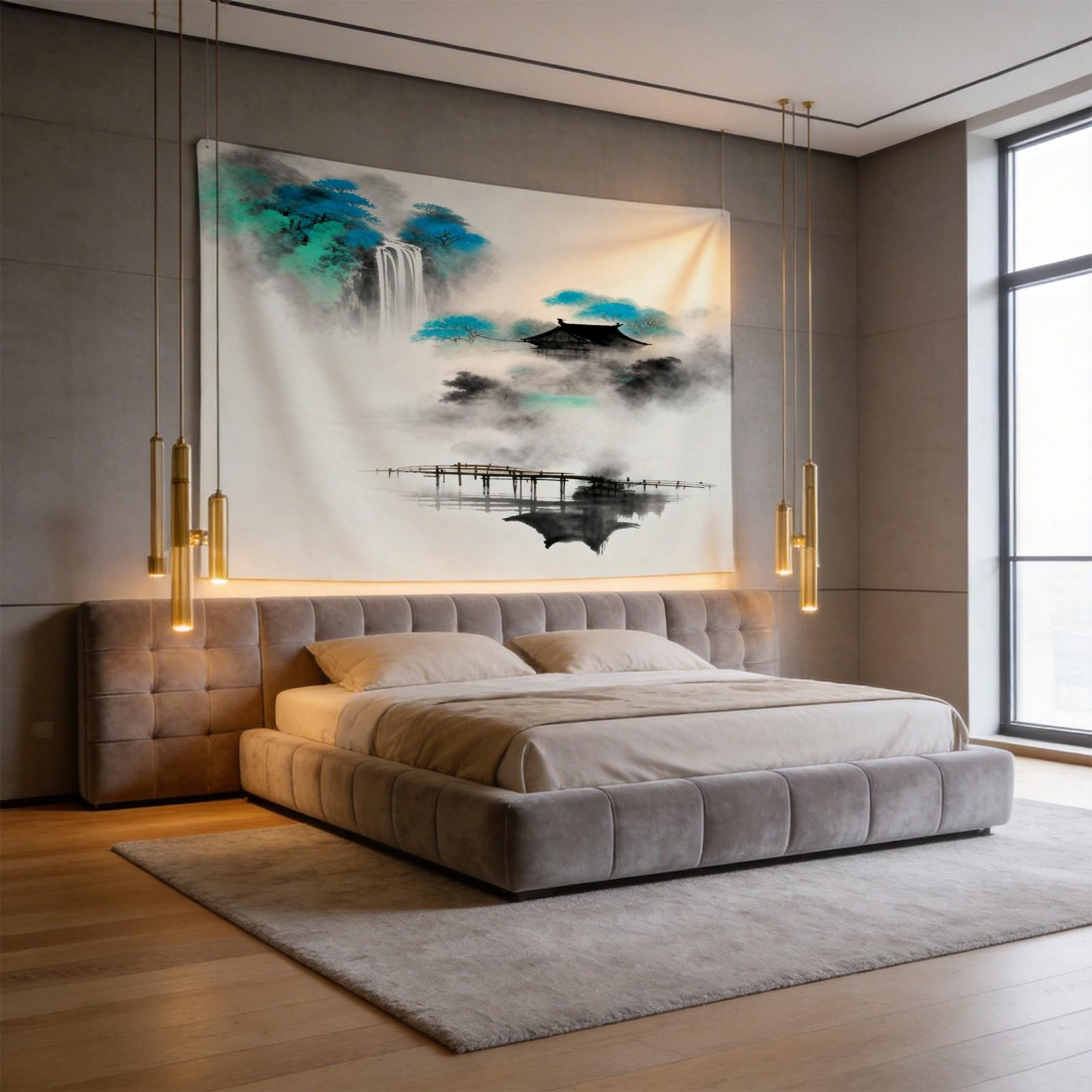 1 Piece Asian Ink Wash Mountain Landscape Printed Tapestry, Ink Wash Style Wall Hanging, HD Digital Print Living Room Bedroom Wall Tapestry, Fadeless Machine Washable Wall Decor, Multi-Purpose All-Season Tapestry for Living Room Bedroom
