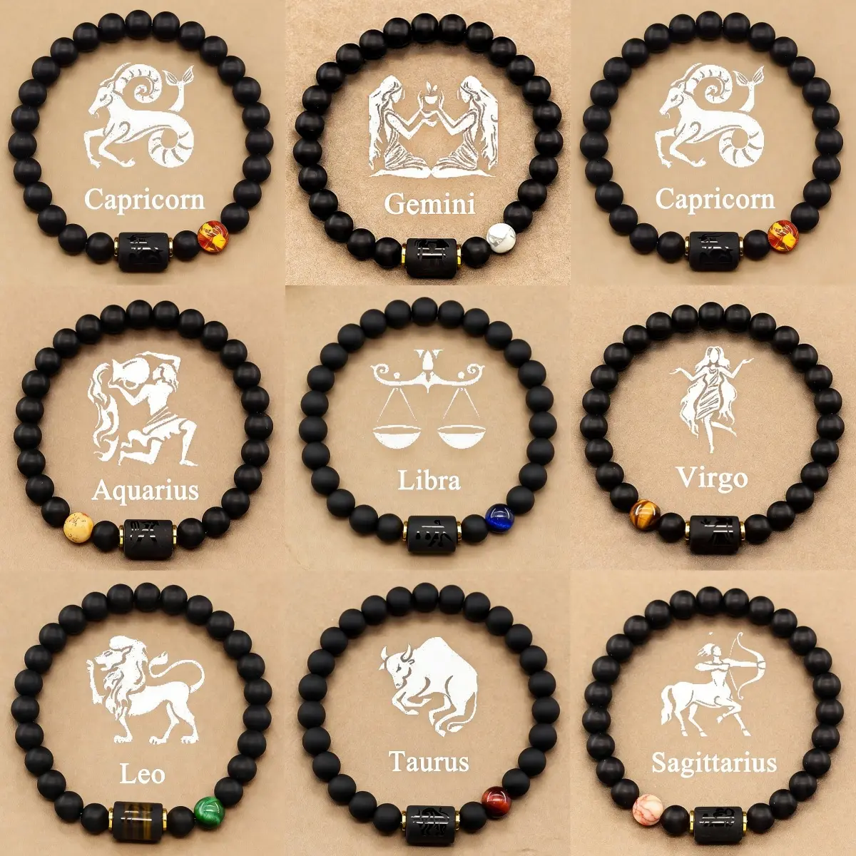Unisex 12 Zodiac Constellation Sign Matte Black Agate & Tiger's Eye Bead Stretch Bracelet | Aesthetic Gemstone Wristband Jewelry Accessories for Daily Casual Wear, Outdoor Trips & Meditation | Meaningful Holiday Gift Idea for Friends