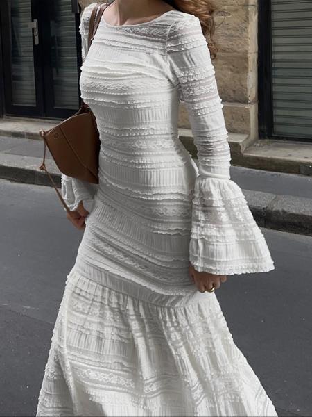 Women's Elegant Slim-Fit Plain Woven Dress, Fall Fashion Bell Sleeve Long Dress, Casual Daily Wear, Comfortable & Stylish Design