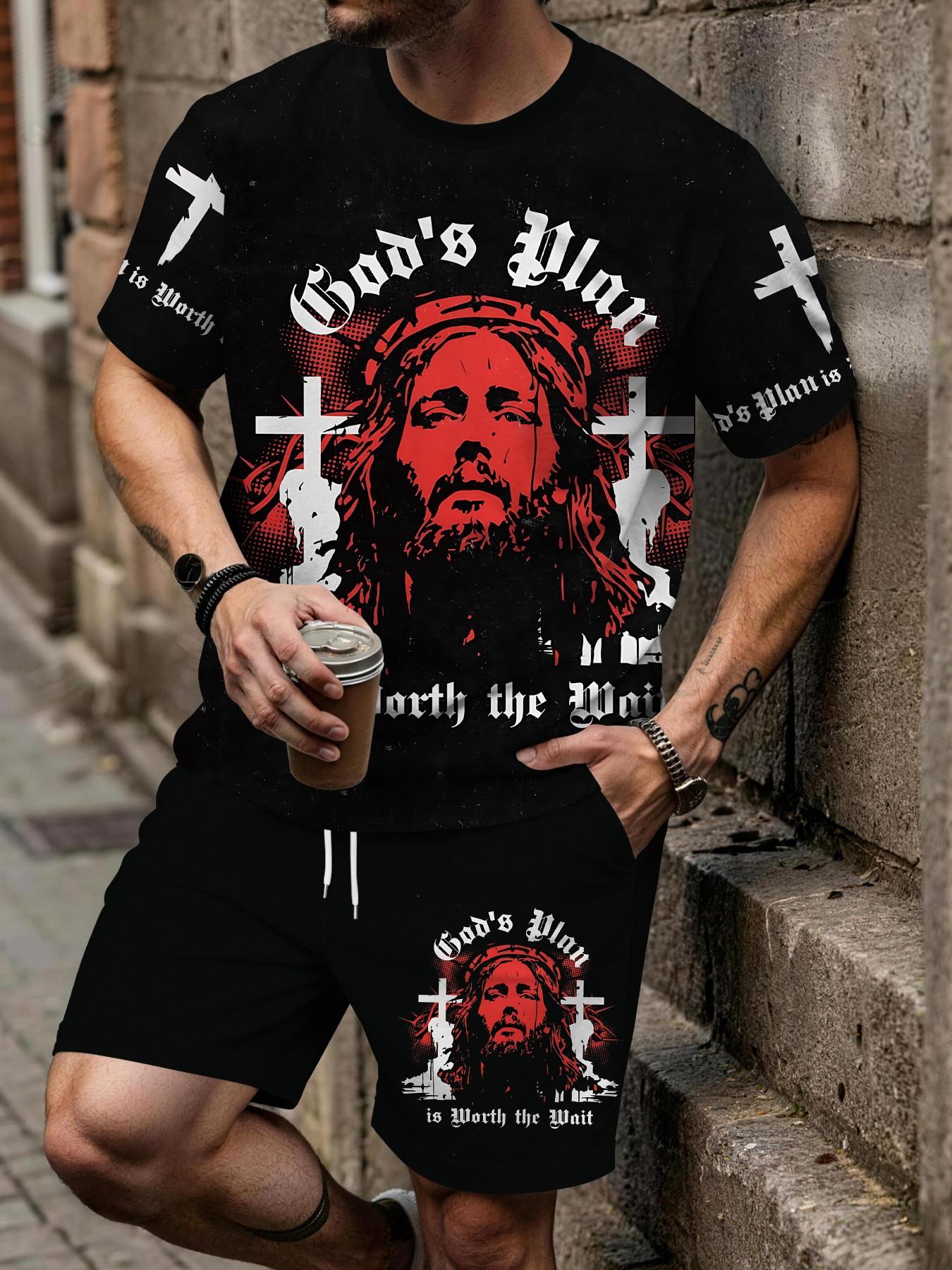 Men's 3D Digital Print Two-Piece Set, Religious Style Jesus Cross Red and Black Print Trendy Men's Set, Vacation Style Trendy Outfit, Breathable Sports Leisure Style, Perfect Holiday Gift for Men