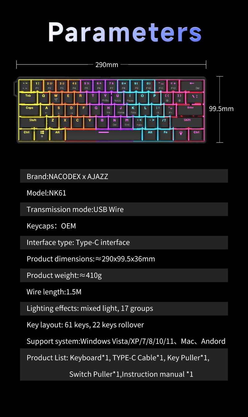 AJAZZ Mini 60% Gaming Mechanical Keyboard Red Switch 61 Key Compact Wired Office Keyboard NK61 Hot Swap Keyboard Ergonomic Mechanical Sense Office Artifact Plug and Play Support Multiple Systems Suitable for Gaming and Office