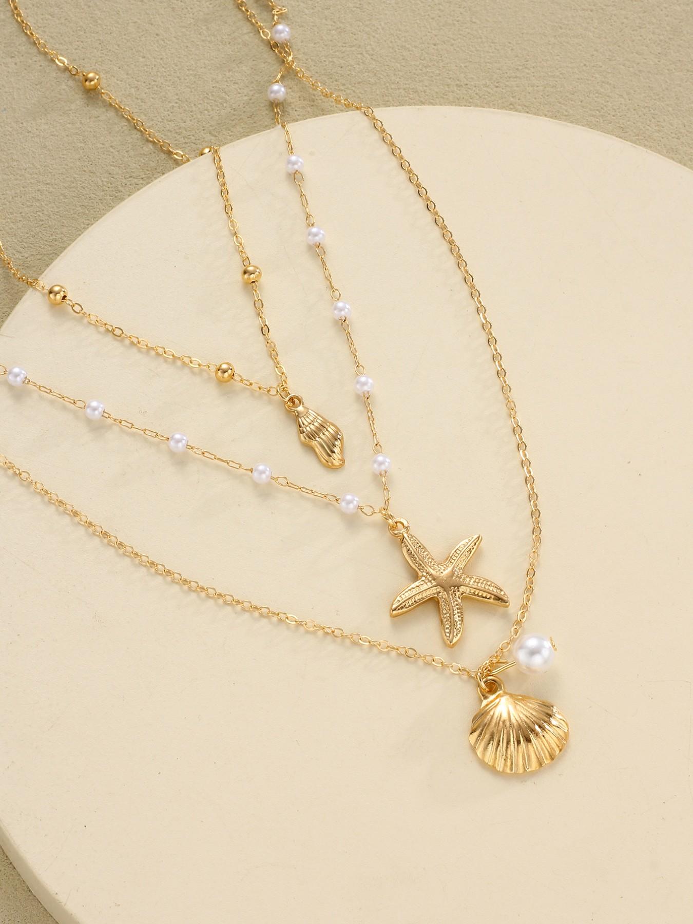3-Piece Women's Fashion Pendant Necklace Set, Luxurious Boho Style, Pearl Star Design, Perfect for Daily Wear, Parties, Gifts