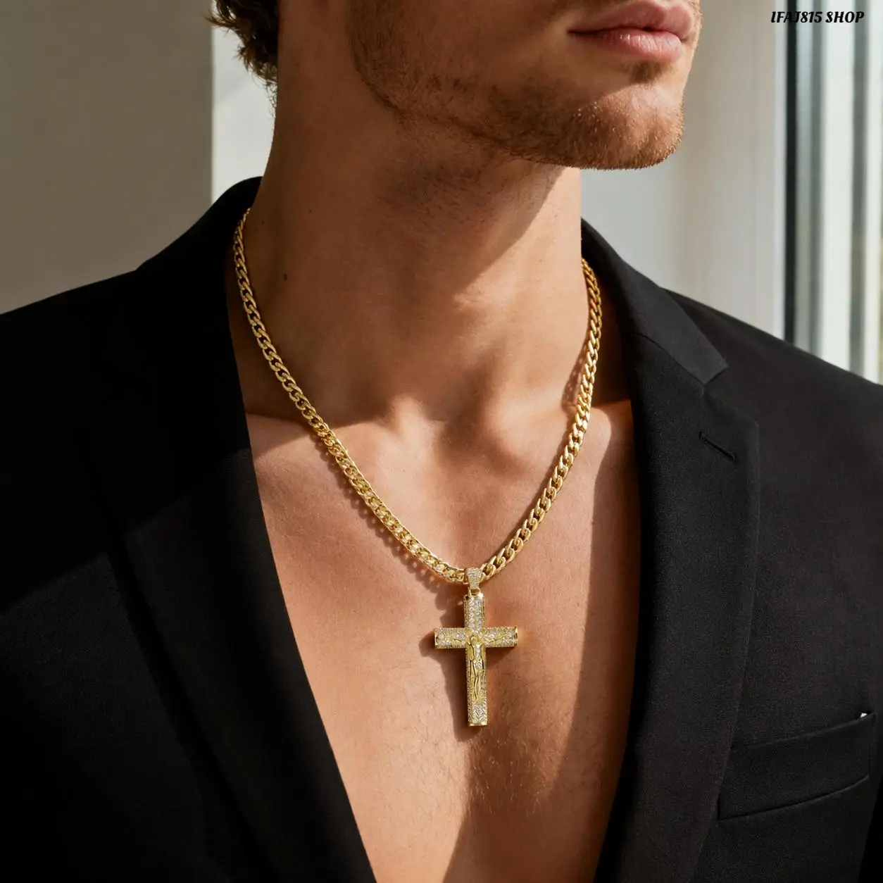 14K Gold Plated Cross Necklace for Men, Cuban Link Figaro Chain with Jesus Christ Crucifix Pendant, Premium Christian Faith Jewelry, Polished Durable Design for Daily Wear, Father's Day Gift and Special Occasions