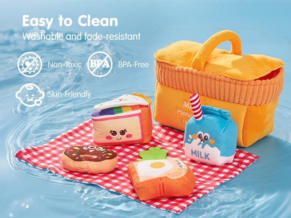 Hahaland Baby Toys 6-12 Months – Picnic Basket Sensory Toy with Crinkle, Rattles, Teether & Mirror, Montessori Play Food Plush for Early Development, Baby Shower Gift for 1+ Years Boys & Girls