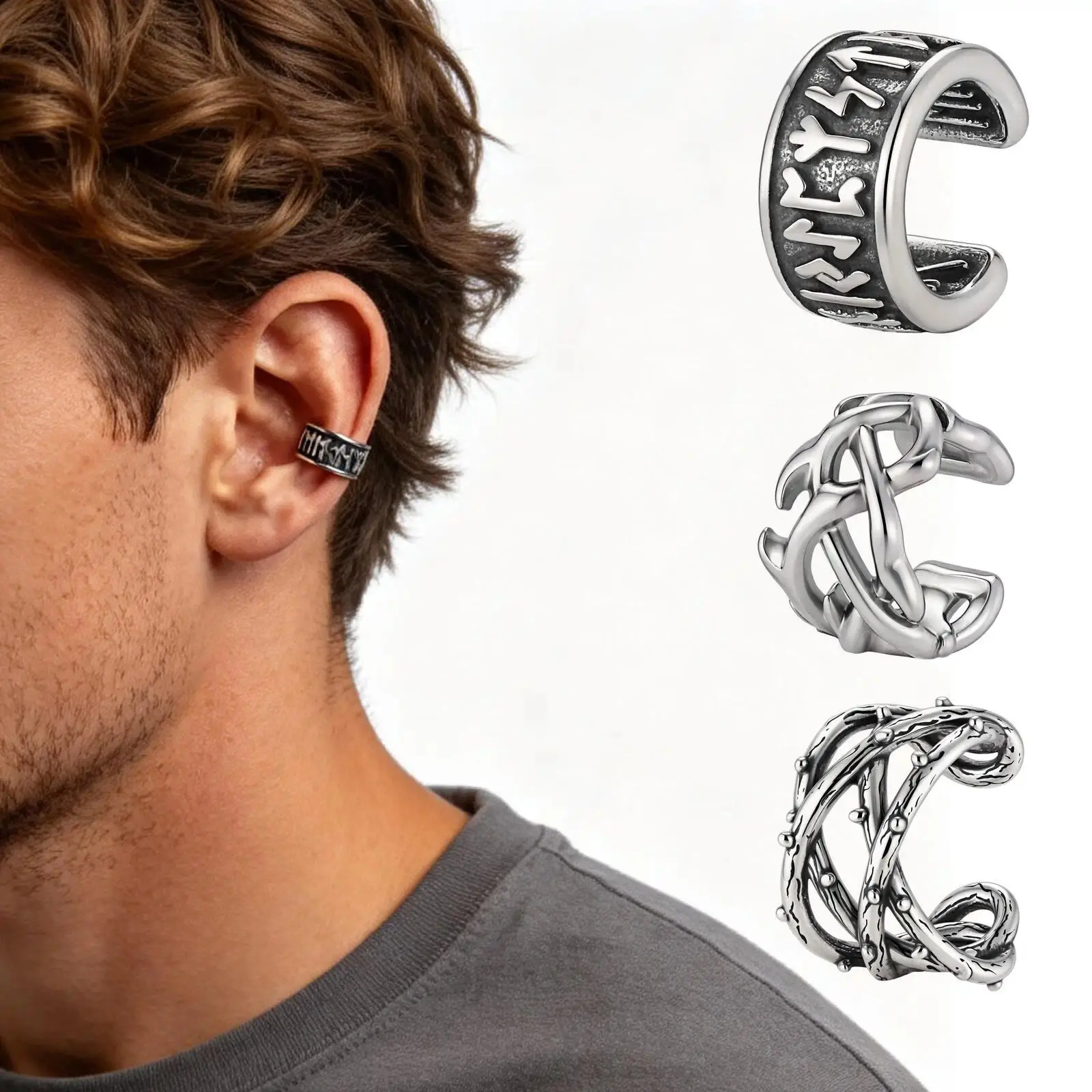 Vintage Punk Viking Clip Earrings for Men Boys,Anti Allergy Stainless Steel No Pierced Ear Bone Cuff,Birthday Father Gift