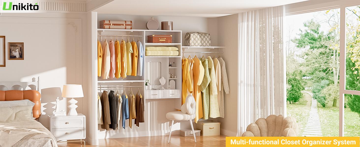 Unikito 8FT Wall Mounted Closet System with Vanity Desk, 96'' Walk In Closet Organizer System with 3 Adjustable Shelves and Hanging Rods, Heavy Duty Wood Clothes Rack, Built-In Garment Rack, White closet organizer system Furniture Drawer Unikito 8FT Wall Mounted Closet System with Vanity Desk, 96'' Walk In Closet Organizer System with 3 Adjustable Shelves and Hanging Rods, Heavy Duty Wood Clothes Rack, Built-In Garment Rack, White closet organizer system Furniture Drawer