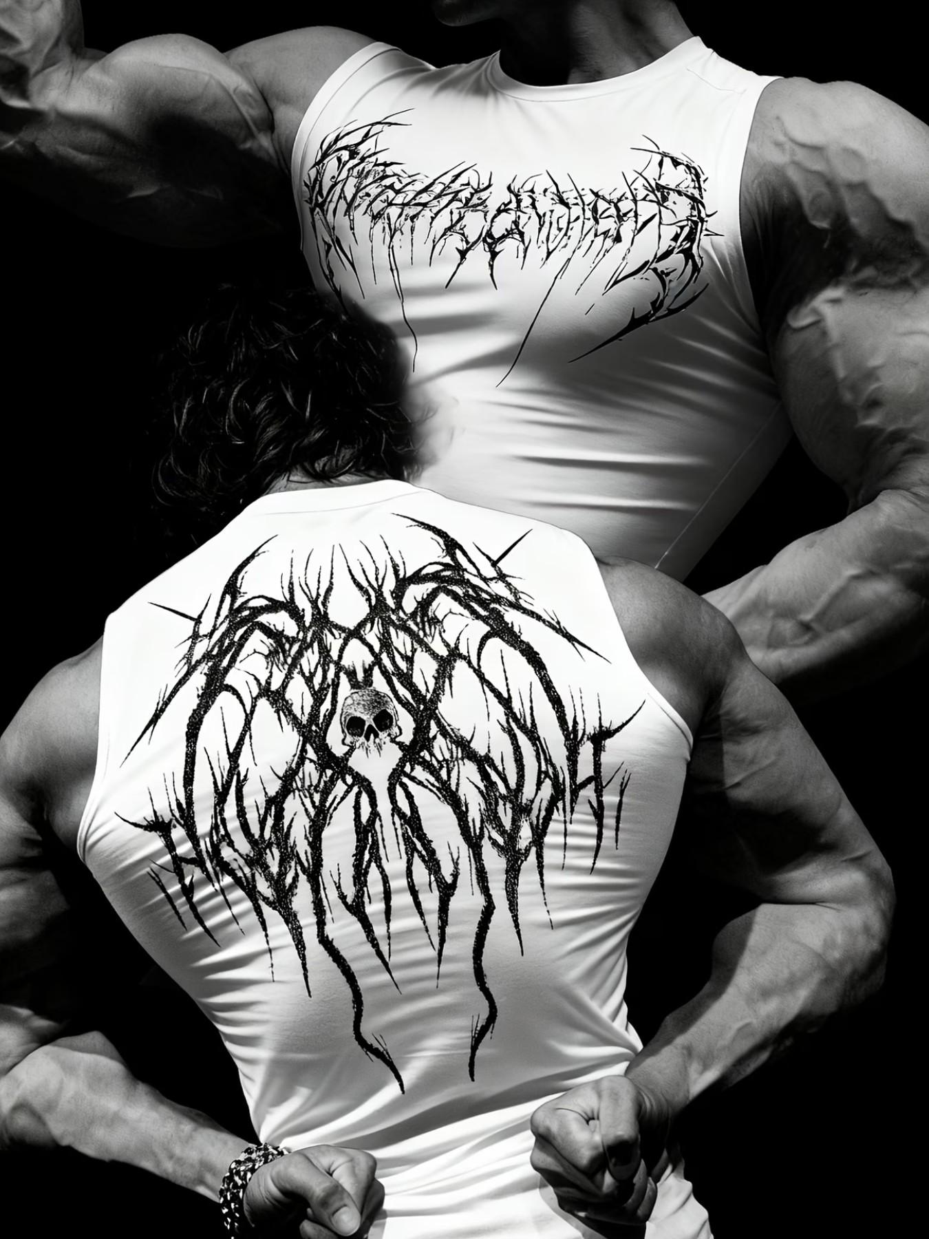 Dark Personality Print Tight Fit Sleeveless T-Shirt, Quick-Dry Elastic Gym Training Top, European Style Muscle Show Sport Vest