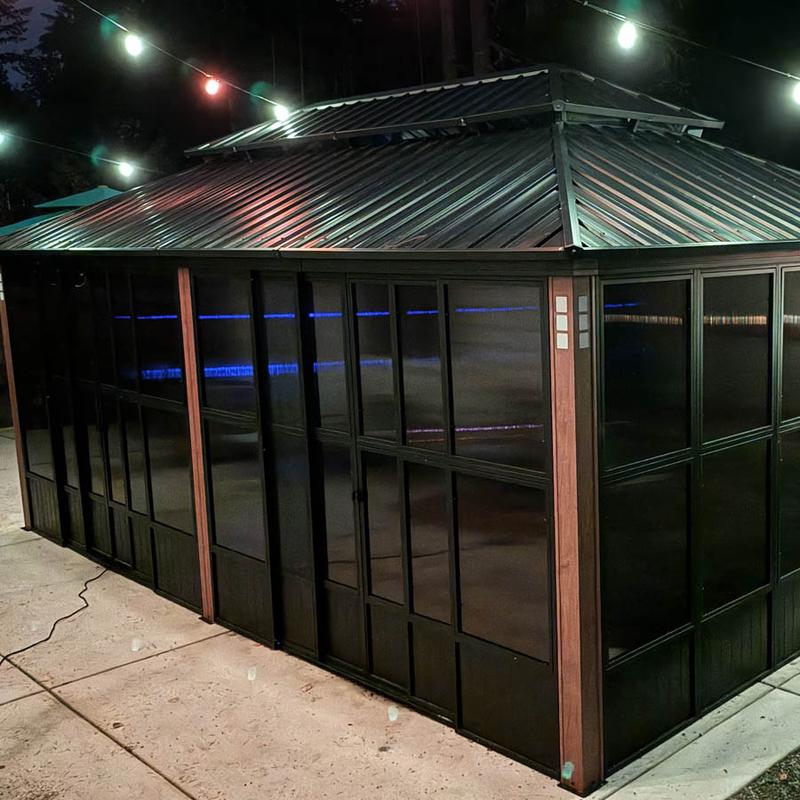 PURPLE LEAF 12' x 16' Hardtop Gazebo For Patio | Screen House Wood Grain Aluminum Solarium Canopy