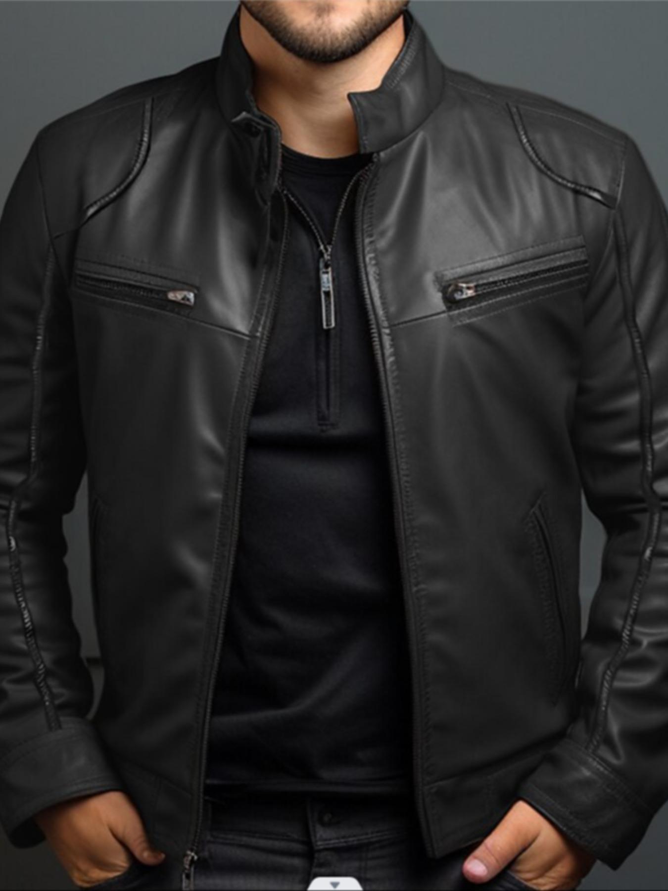 Men's Fitted Motorcycle Leather Jacket, Zipper Windbreaker, Lightweight PU Vintage Riding Coat, Fashion Durable Design, Spring & Fall