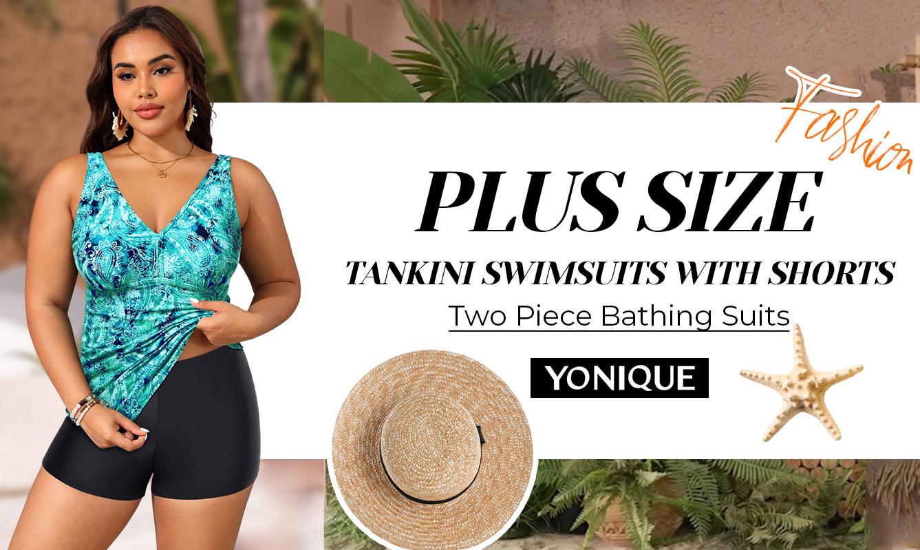 Yonique Womens Plus Size Swimsuits with Shorts Tummy Control Tankini Two Piece Bathing Suits Athletic Swimwear Plus Size Tankini with Boy Shorts High Waisted Full Coverage Swimsuit