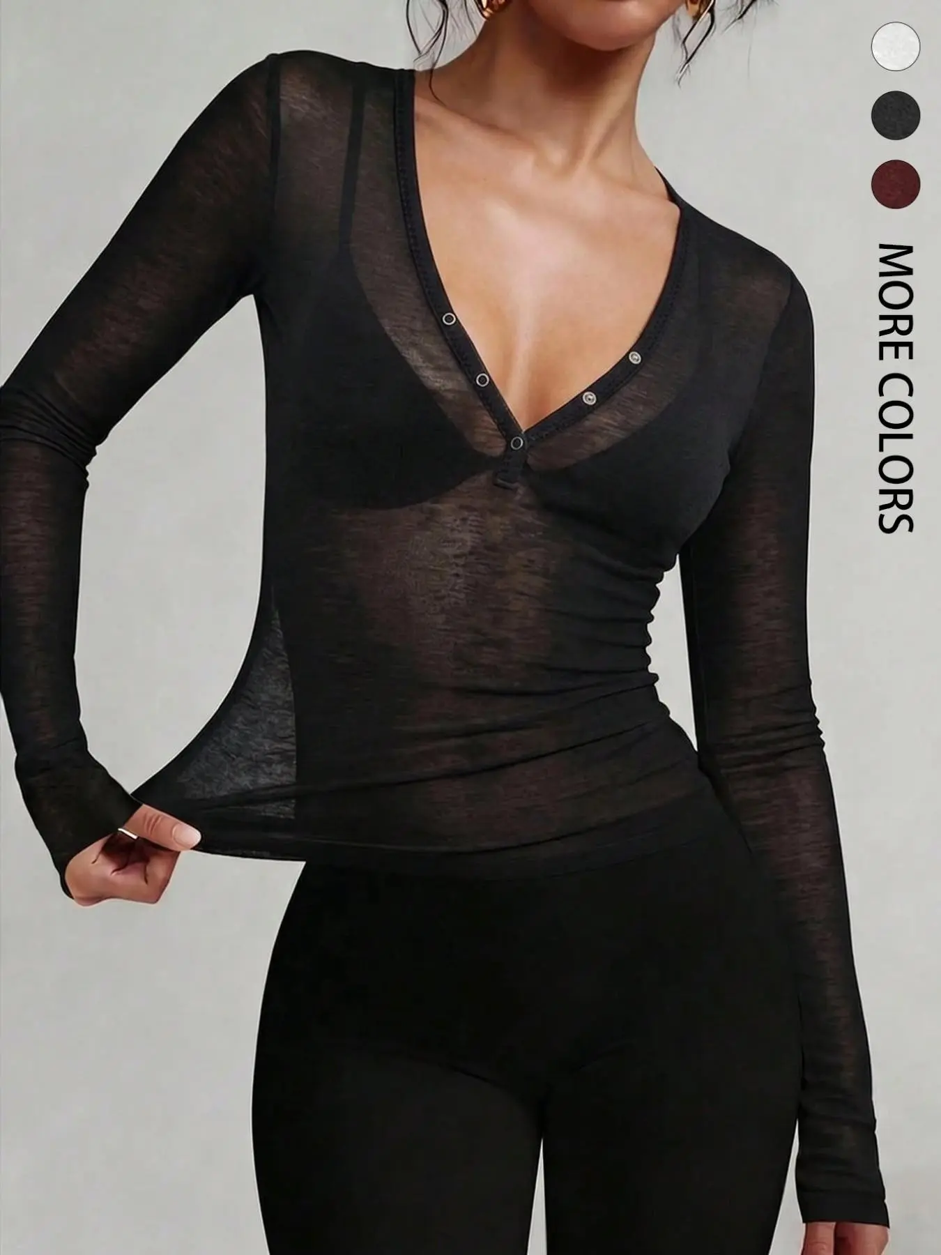 【Biack Friday】Light Mature Style V-Neck Buttoned Sheer Top, Mesh Micro-Transparent Long Sleeve, Bodycon Waist Design, Perfect for Parties and Commute