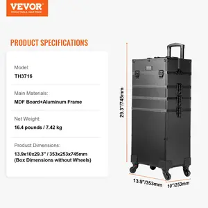VEVOR 5 in 1 Professional Makeup Train Case Aluminum Cosmetic Case, Rolling Makeup Case Extra Large Trolley Makeup Travel Organizer, with 360 Swivel Wheels Adjustable Pull Rod, Black